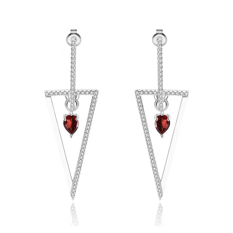 Triangle 925 Sterling Silver Chic Earrings Red Garnet Drop