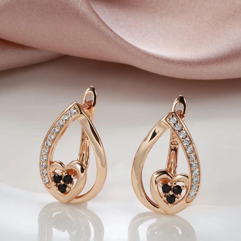 Unique 585 Rose Gold Geometric Heart Drop Earrings with Natural Zircon Inlay Fashion Jewelry