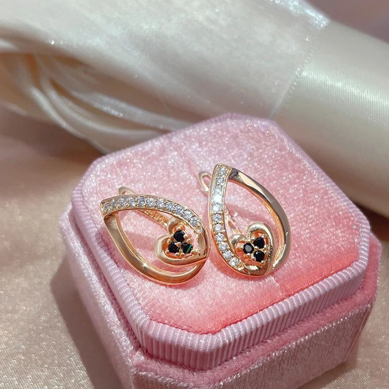 Unique 585 Rose Gold Geometric Heart Drop Earrings with Natural Zircon Inlay Fashion Jewelry