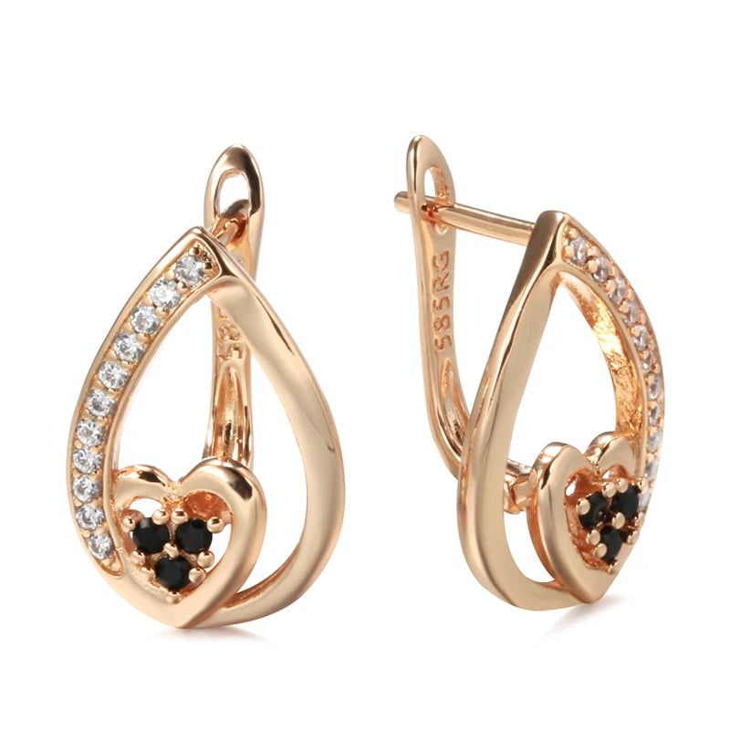 Unique 585 Rose Gold Geometric Heart Drop Earrings with Natural Zircon Inlay Fashion Jewelry