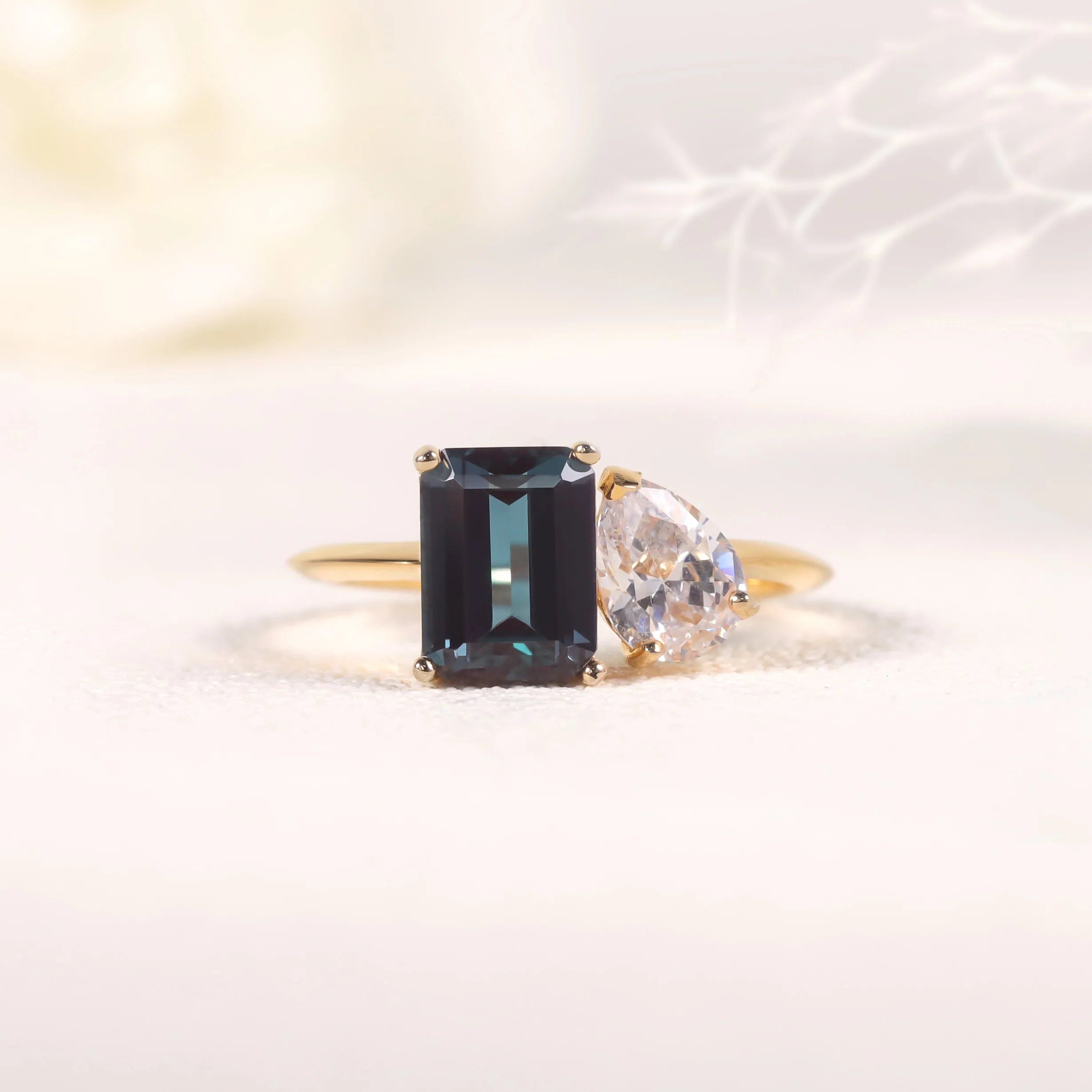 Unique Color Changing Emerald Cut Alexandrite Teardrop CZ 14K Yellow Gold Toi Et Moi Ring