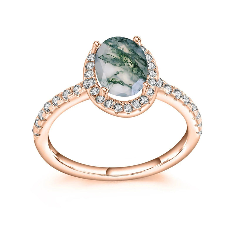 Unique Moss Agate Ring Set Dainty Thin Gold Half Eternity Band Set for Her in 925 Sterling Silver