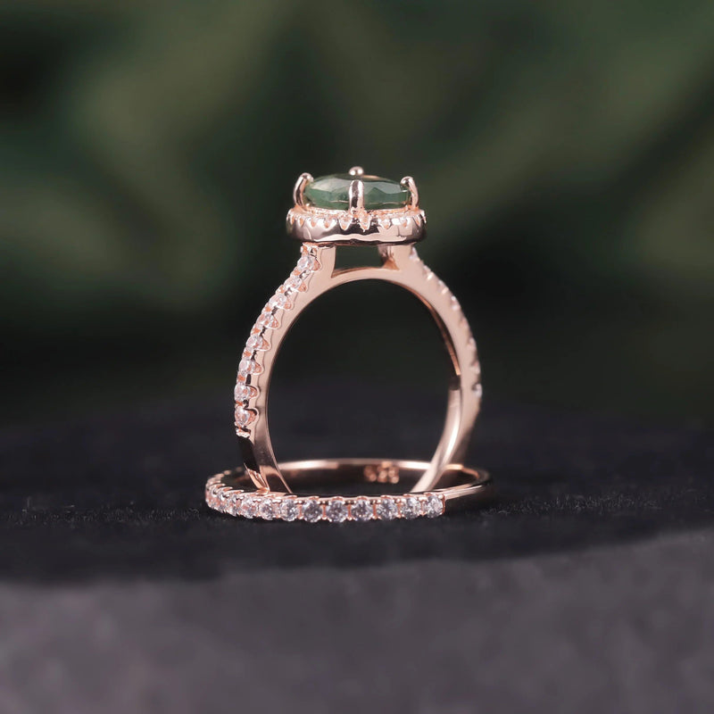 Unique Moss Agate Ring Set Dainty Thin Gold Half Eternity Band Set for Her in 925 Sterling Silver