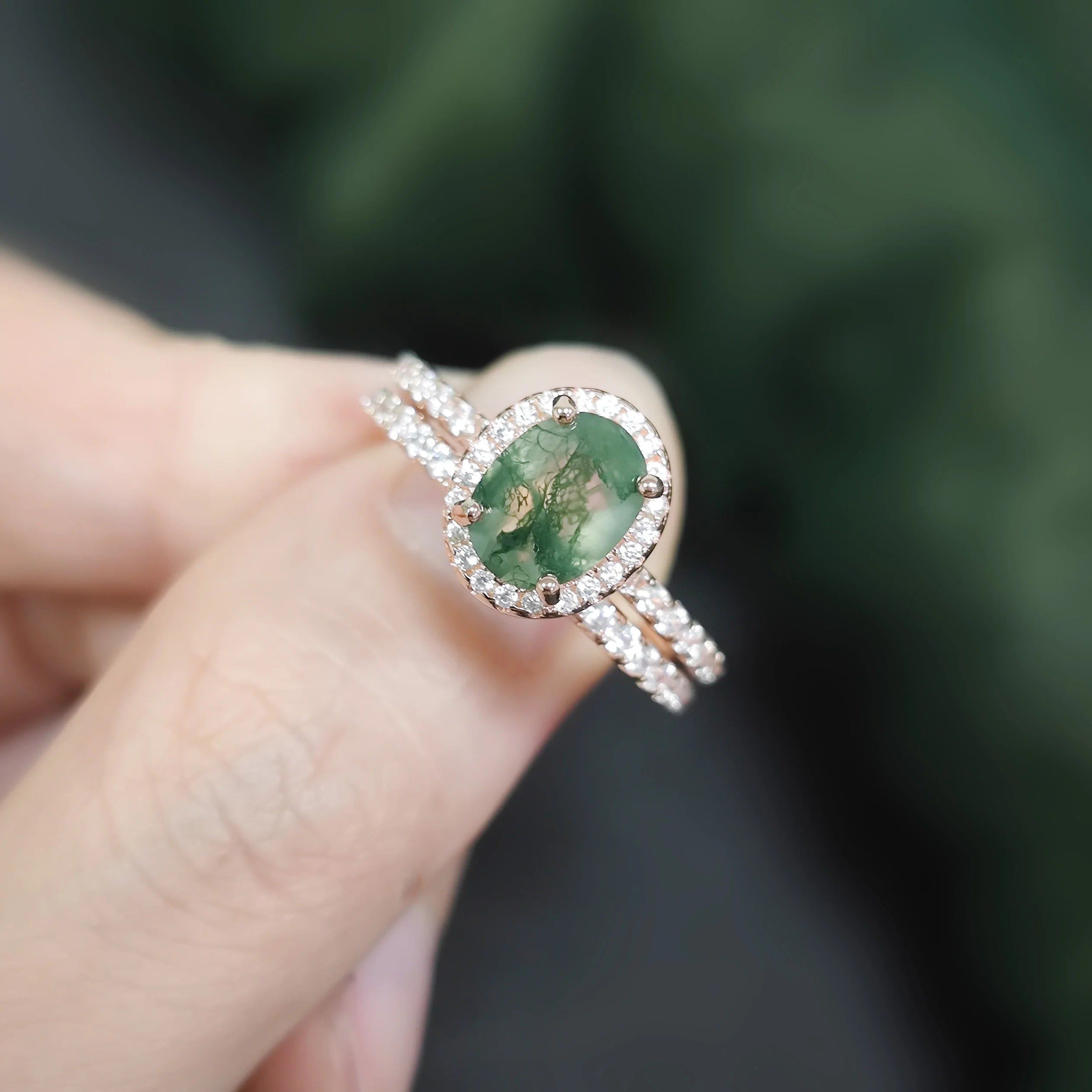 Unique Moss Agate Ring Set Dainty Thin Gold Half Eternity Band Set for Her in 925 Sterling Silver