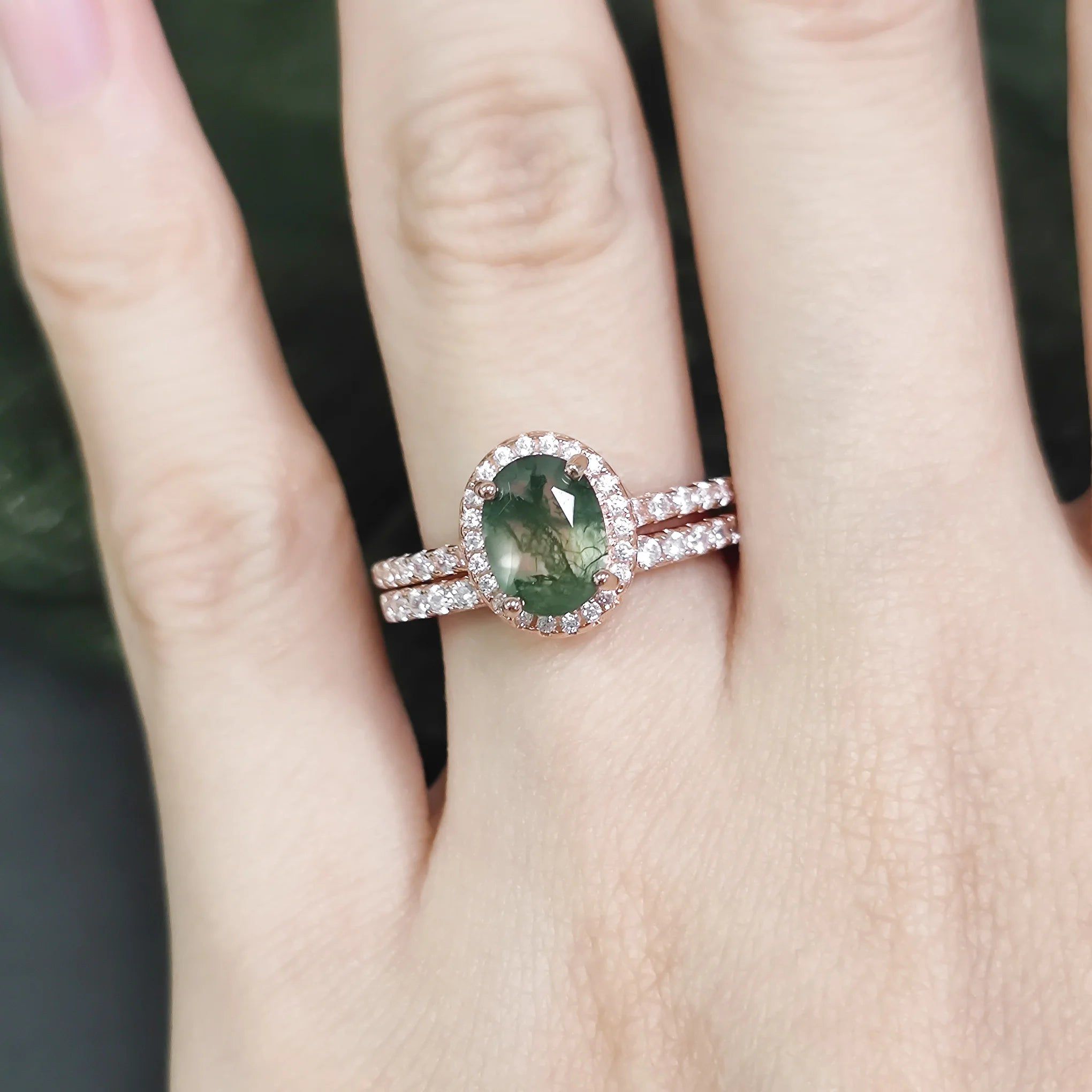 Unique Moss Agate Ring Set Dainty Thin Gold Half Eternity Band Set for Her in 925 Sterling Silver