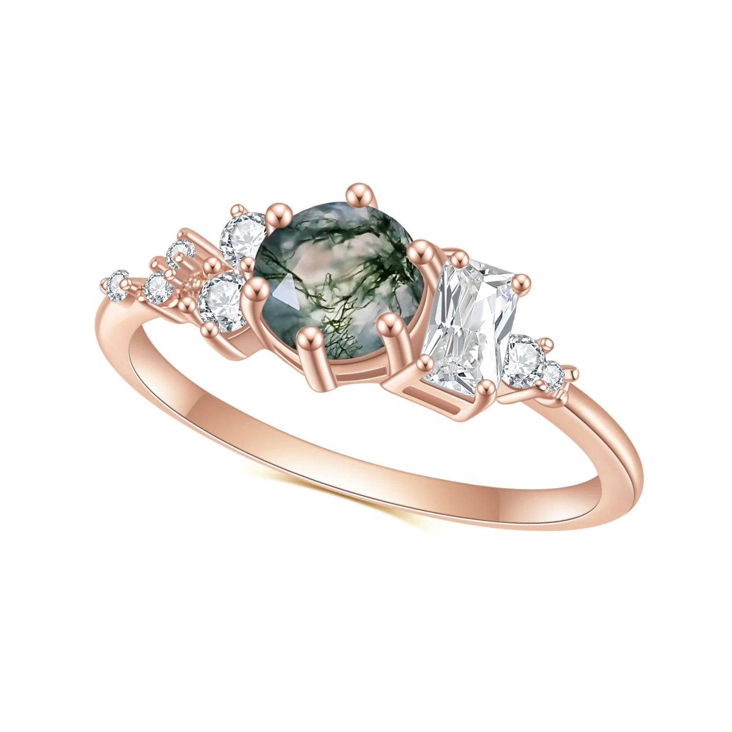 Unique Moss Agate Ring Set Rose Gold Dainty Half Eternity Band Ring Set in 925 Sterling Silver