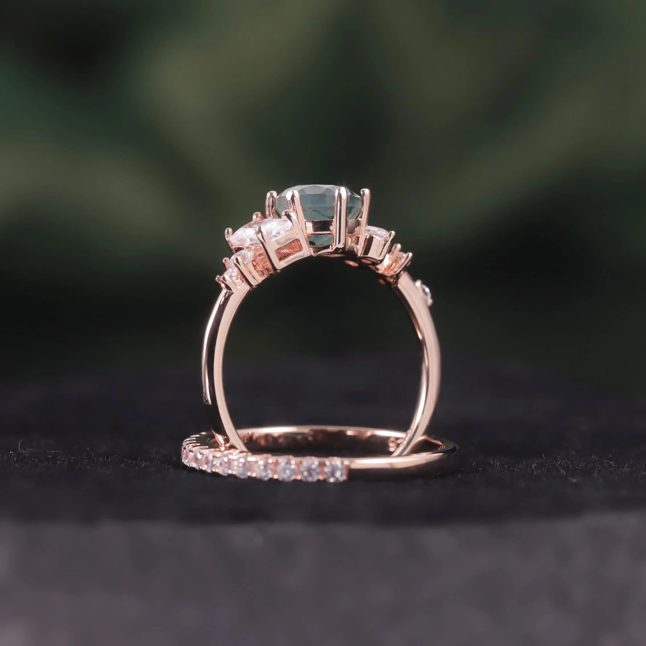 Unique Moss Agate Ring Set Rose Gold Dainty Half Eternity Band Ring Set in 925 Sterling Silver