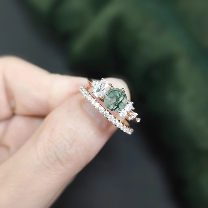 Unique Moss Agate Ring Set Rose Gold Dainty Half Eternity Band Ring Set in 925 Sterling Silver