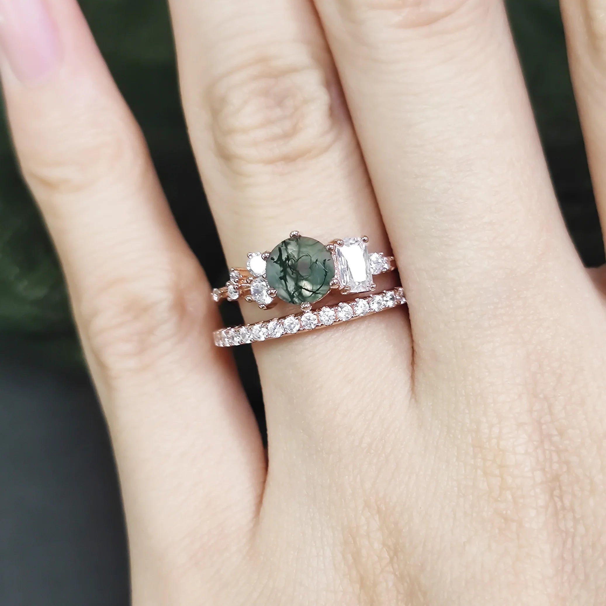 Unique Moss Agate Ring Set Rose Gold Dainty Half Eternity Band Ring Set in 925 Sterling Silver