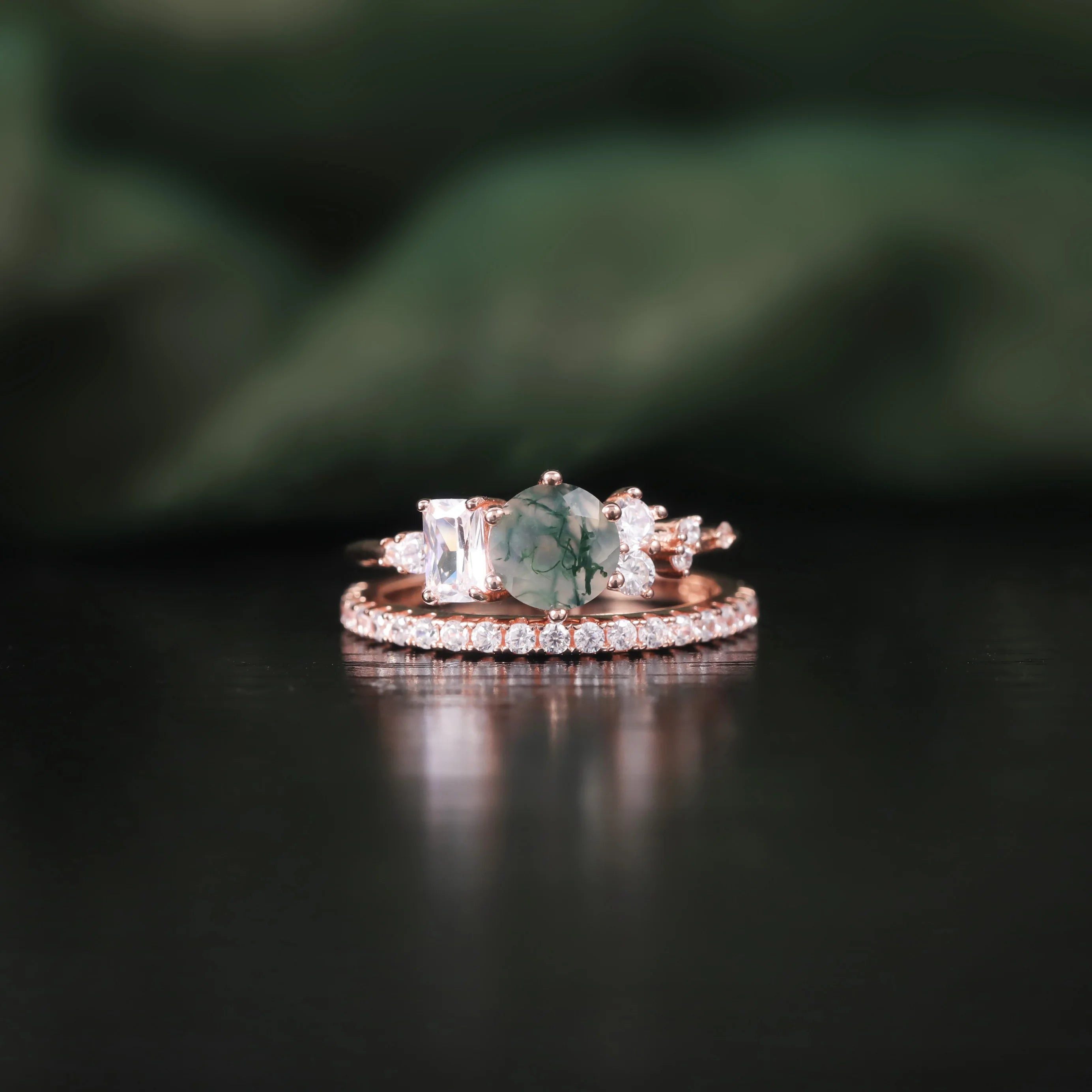 Unique Moss Agate Ring Set Rose Gold Dainty Half Eternity Band Ring Set in 925 Sterling Silver