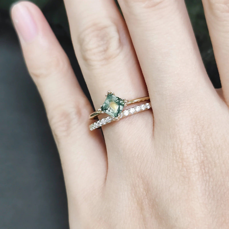 Unique Moss Agate Ring with Matching Thin Gold Helf Eternity Band for her Set Ring in 925 Sterling Silver