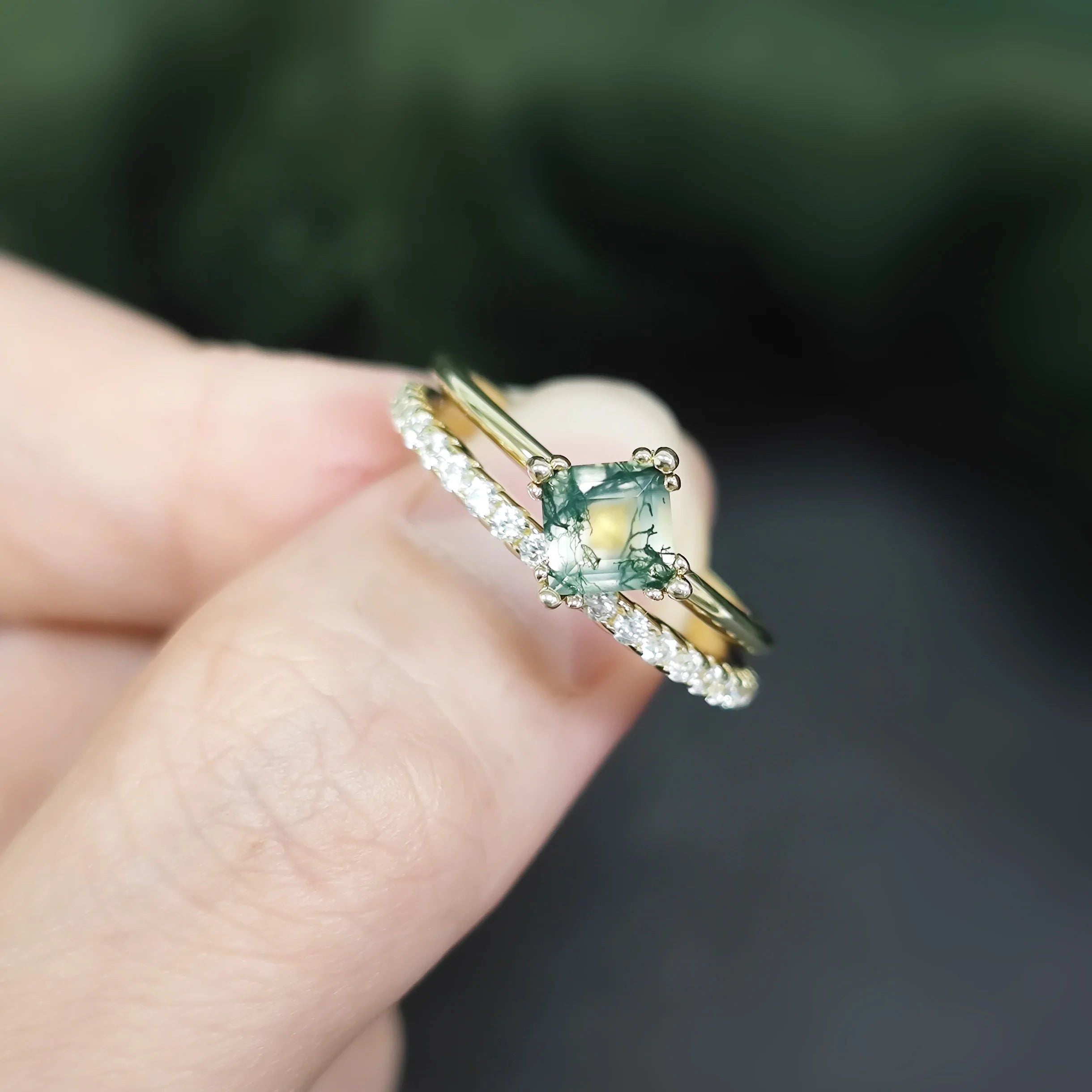 Unique Moss Agate Ring with Matching Thin Gold Helf Eternity Band for her Set Ring in 925 Sterling Silver