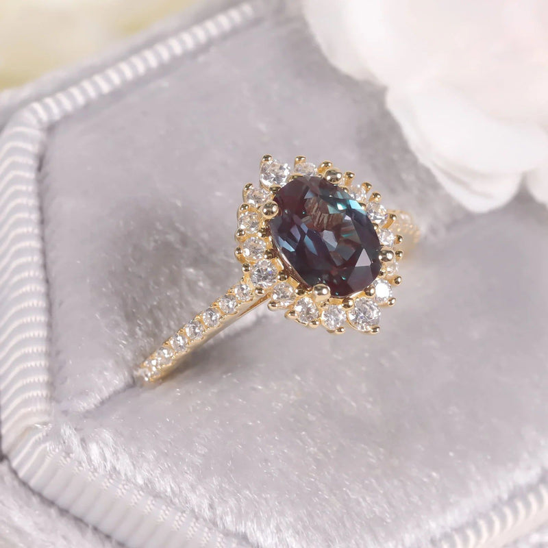 Unique Oval Cut Alexandrite Birthstone Ring Gold 925 Sterling Silver Cluster Halo Ring for Women