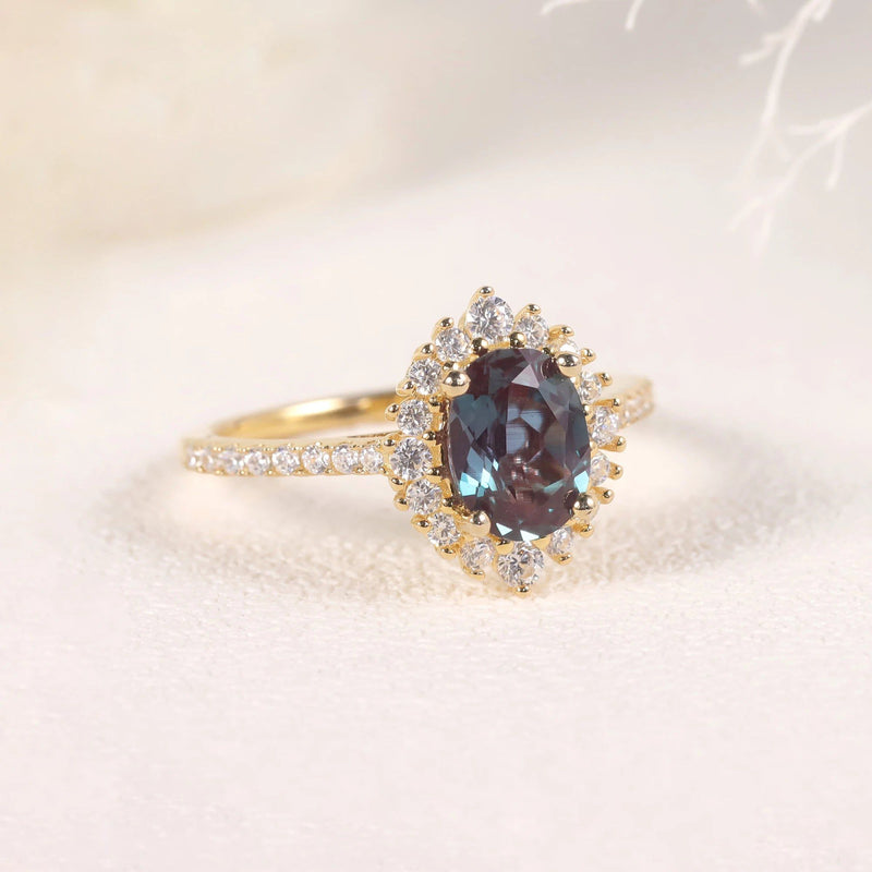 Unique Oval Cut Alexandrite Birthstone Ring Gold 925 Sterling Silver Cluster Halo Ring for Women