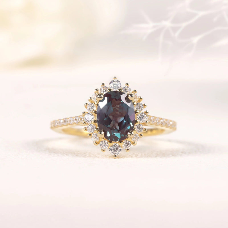 Unique Oval Cut Alexandrite Birthstone Ring Gold 925 Sterling Silver Cluster Halo Ring for Women