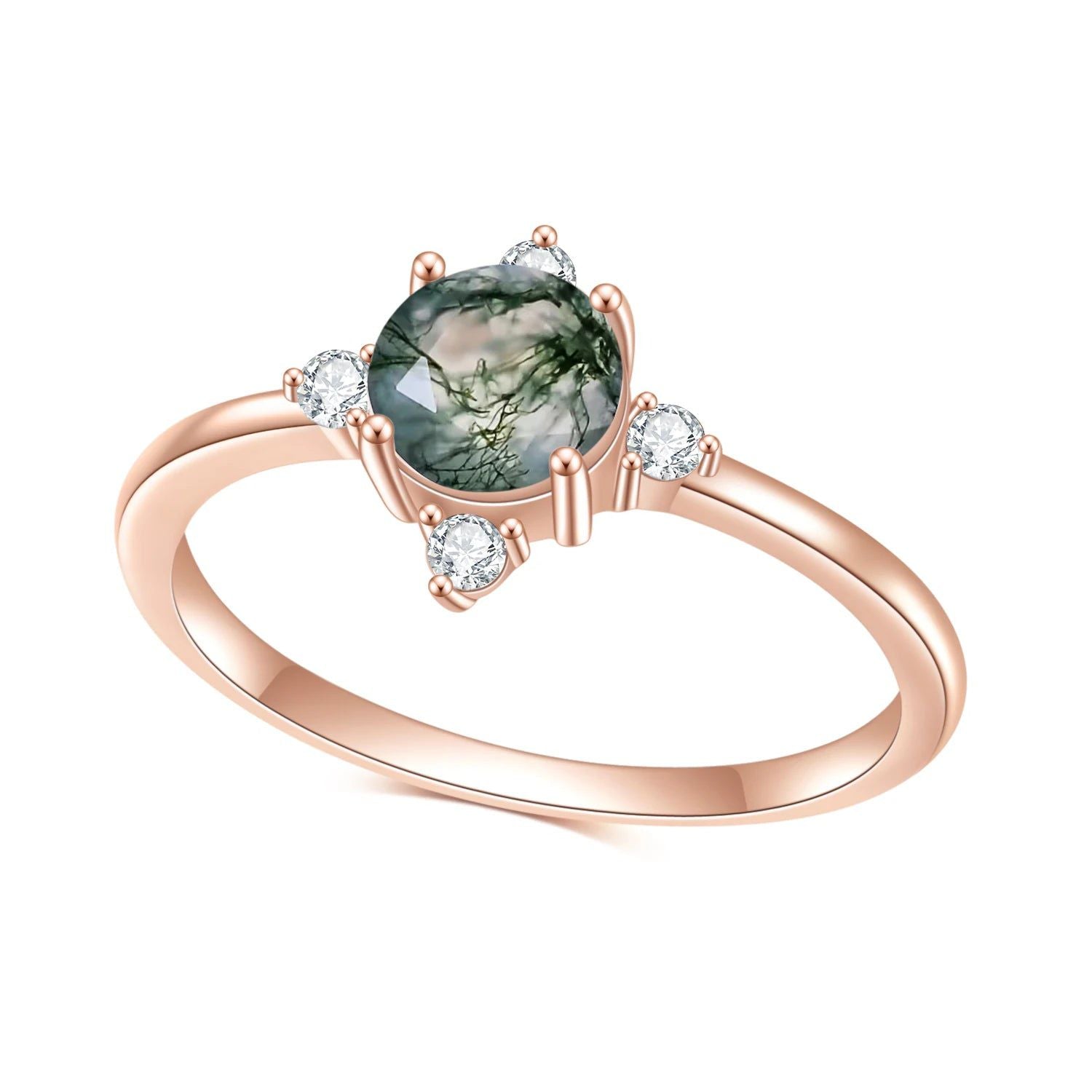 Unique Round Moss Agate Ring Set Vintage Rose Gold Ring Women Curved Band Ring