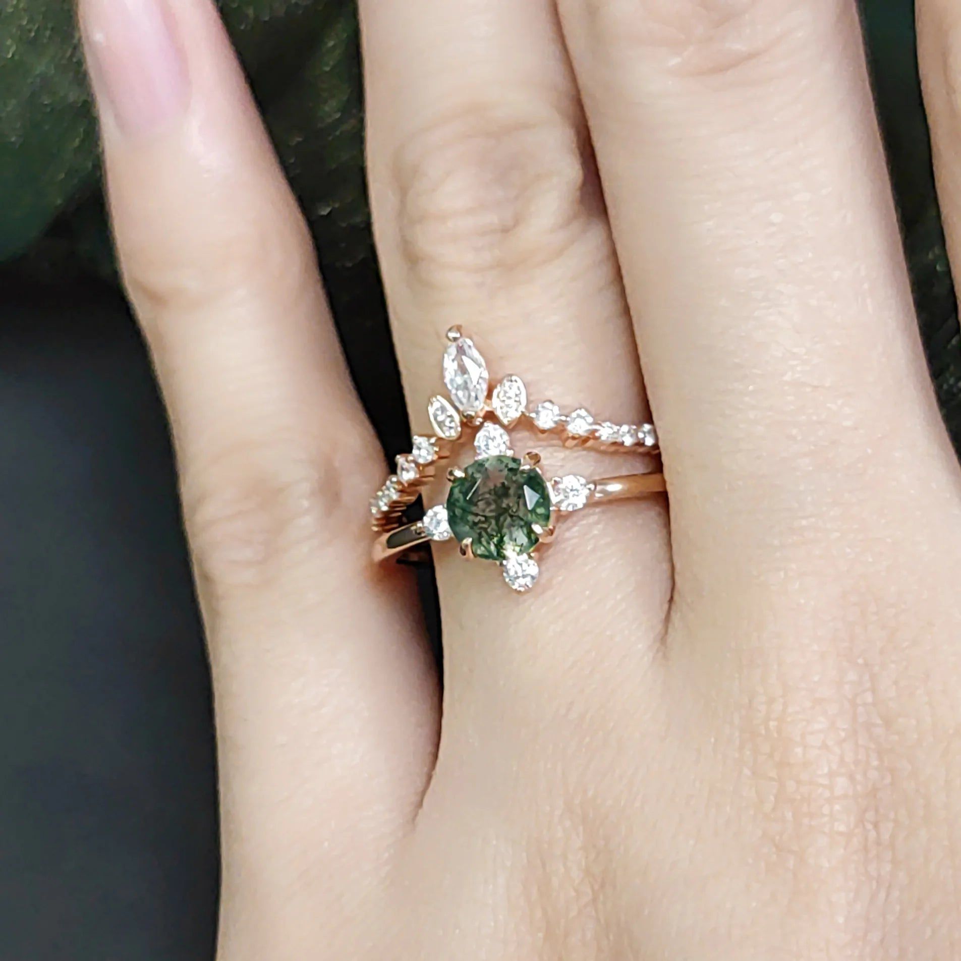 Unique Round Moss Agate Ring Set Vintage Rose Gold Ring Women Curved Band Ring