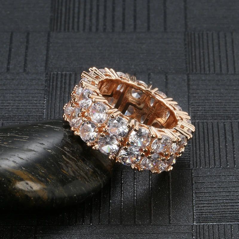 Urban Chic Men's Rose Gold Zircon Ring with Double Row Micro-Wax Inlay