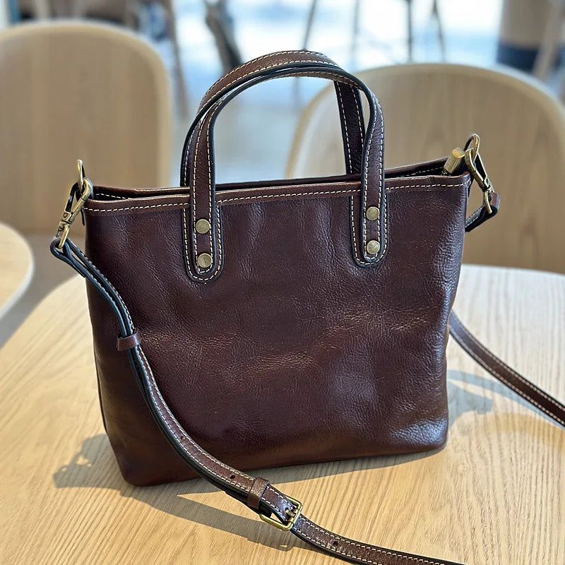 Versatile Retro Genuine Leather Tote Bag for Women - Spacious Commuting Handbag