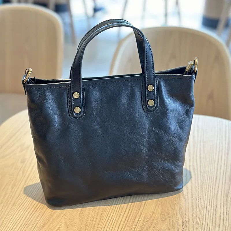 Versatile Retro Genuine Leather Tote Bag for Women - Spacious Commuting Handbag