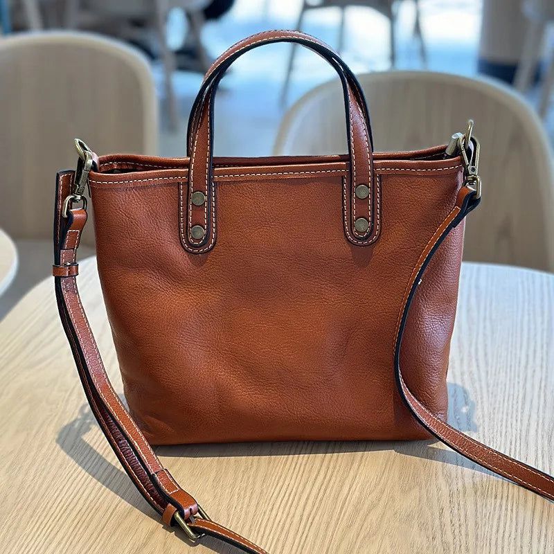 Versatile Retro Genuine Leather Tote Bag for Women - Spacious Commuting Handbag