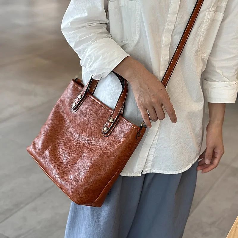 Versatile Retro Genuine Leather Tote Bag for Women - Spacious Commuting Handbag