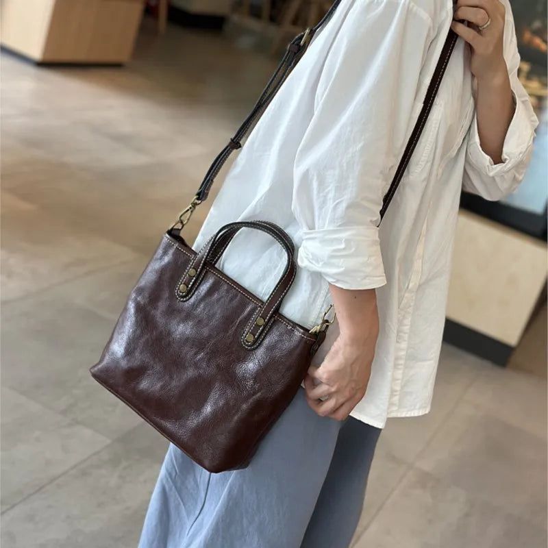 Versatile Retro Genuine Leather Tote Bag for Women - Spacious Commuting Handbag