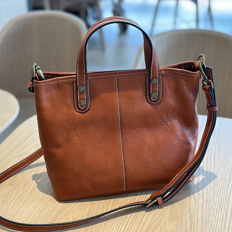 Versatile Retro Genuine Leather Tote Bag for Women - Spacious Commuting Handbag