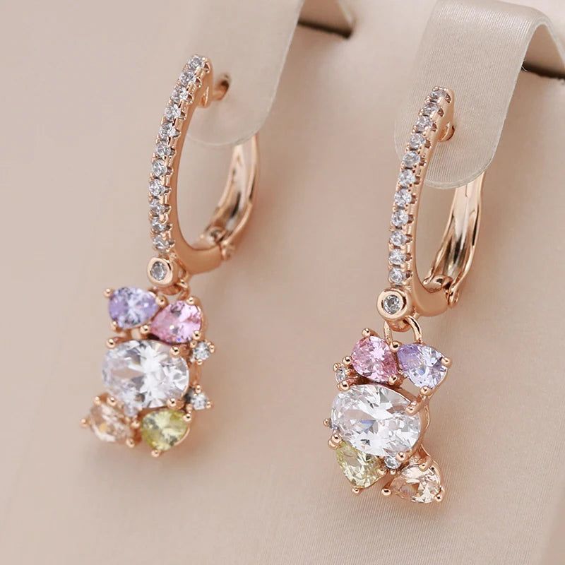 Vibrant Geometric Drop Earrings with Colorful Zircon in 585 Rose Gold Finish