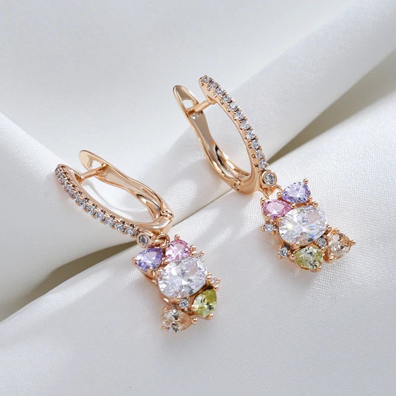 Vibrant Geometric Drop Earrings with Colorful Zircon in 585 Rose Gold Finish