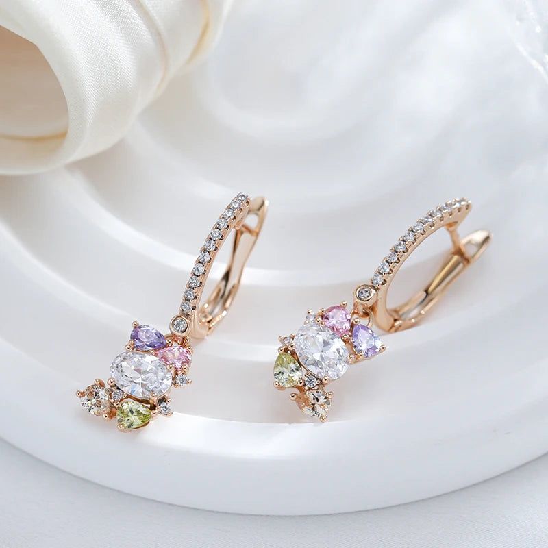 Vibrant Geometric Drop Earrings with Colorful Zircon in 585 Rose Gold Finish