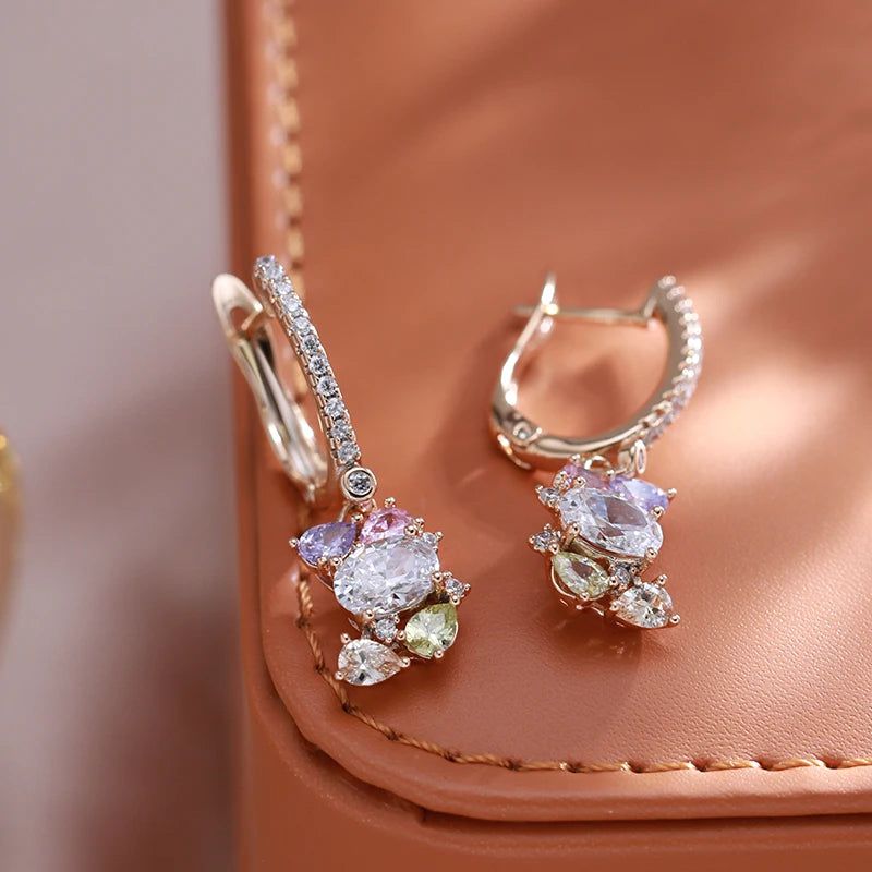 Vibrant Geometric Drop Earrings with Colorful Zircon in 585 Rose Gold Finish