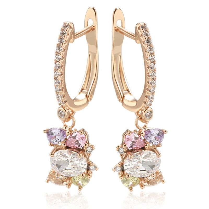 Vibrant Geometric Drop Earrings with Colorful Zircon in 585 Rose Gold Finish