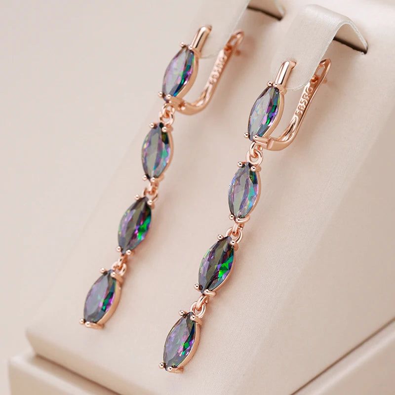 Vibrant Geometric Long Dangle Earrings with Natural Zircon in Rose Gold Finish