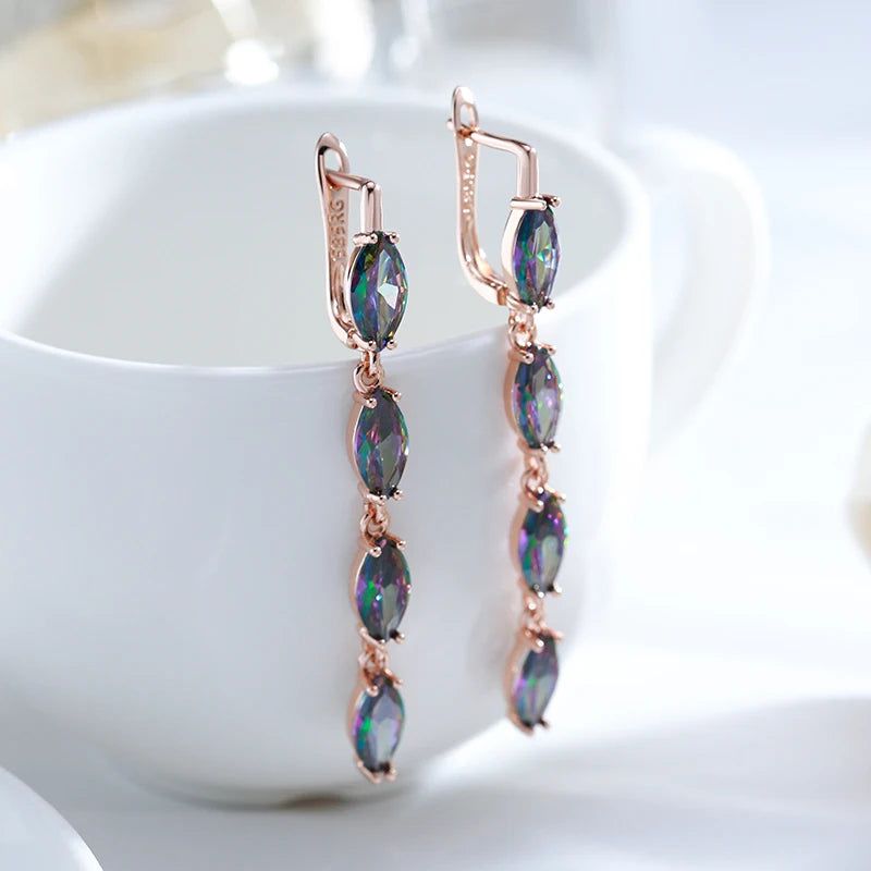 Vibrant Geometric Long Dangle Earrings with Natural Zircon in Rose Gold Finish