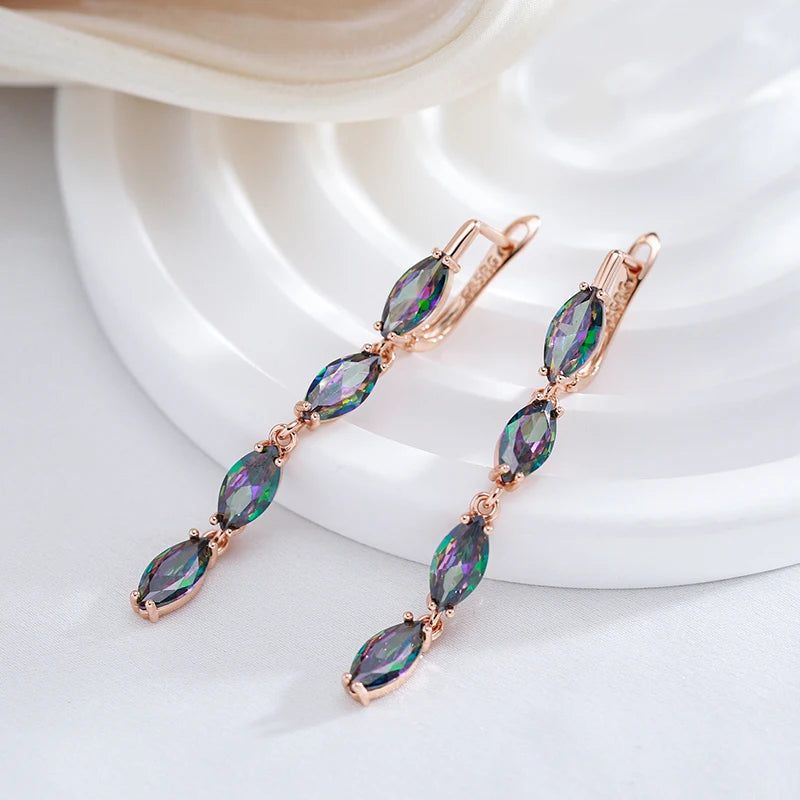 Vibrant Geometric Long Dangle Earrings with Natural Zircon in Rose Gold Finish