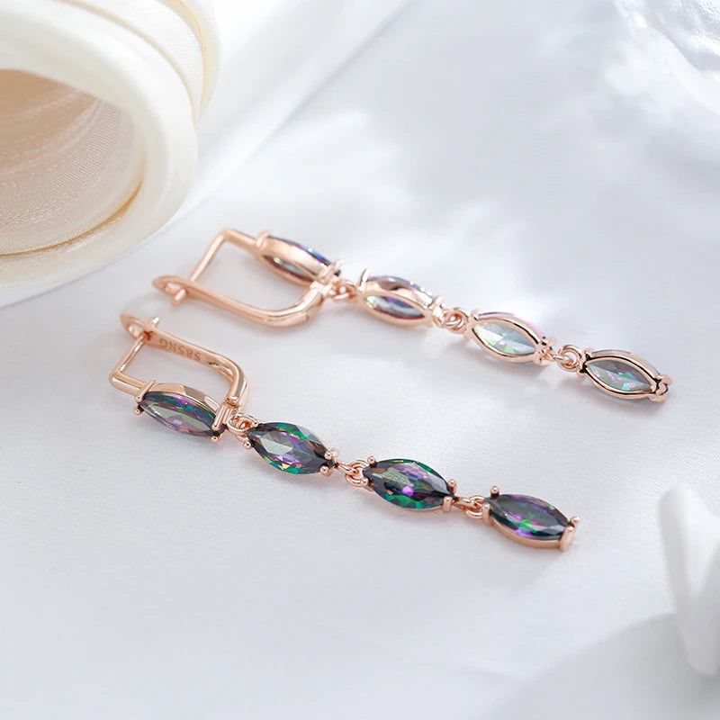 Vibrant Geometric Long Dangle Earrings with Natural Zircon in Rose Gold Finish