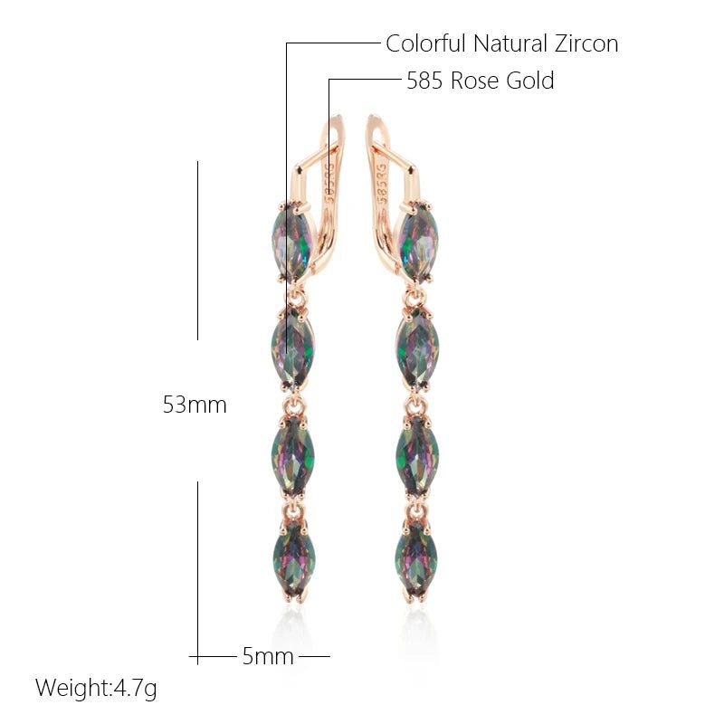 Vibrant Geometric Long Dangle Earrings with Natural Zircon in Rose Gold Finish