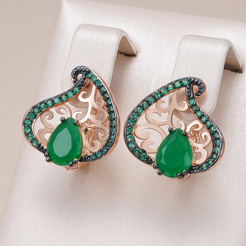 Vibrant Green Zircon Flower Drop Earrings in 585 Rose Gold and Antique Black Plating - Vintage Punk Chic Jewelry