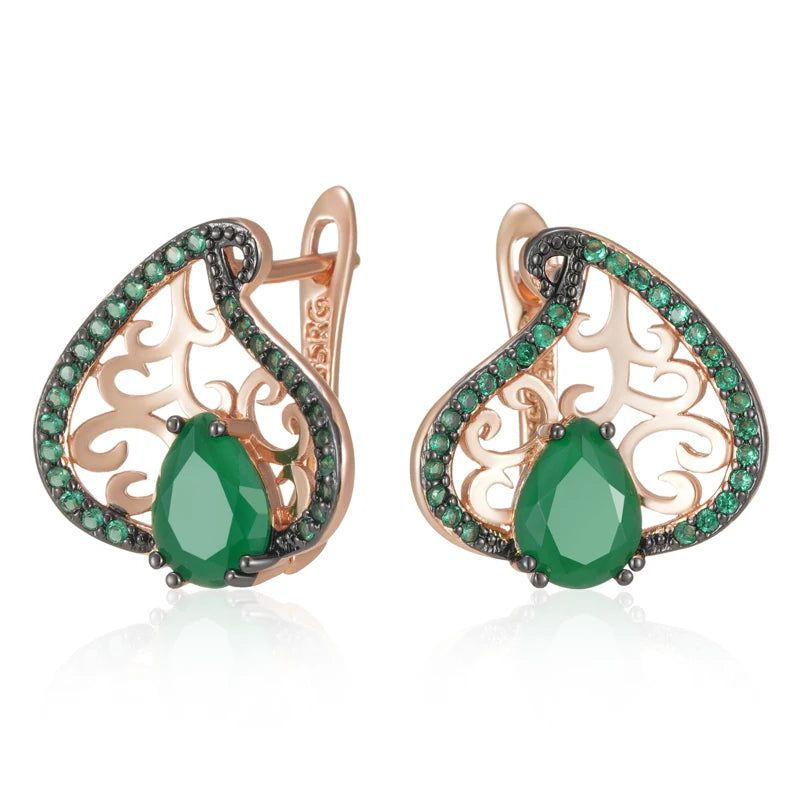 Vibrant Green Zircon Flower Drop Earrings in 585 Rose Gold and Antique Black Plating - Vintage Punk Chic Jewelry