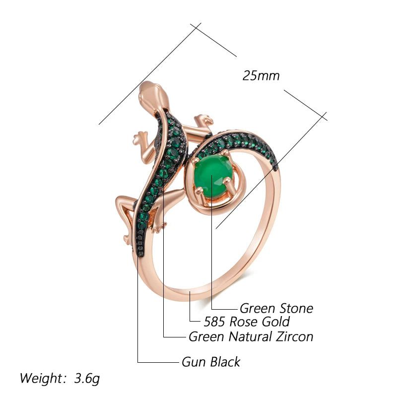 Vibrant Green Zircon Lizard Cocktail Ring in 585 Rose Gold and Black Plating - Vintage Animal Jewelry