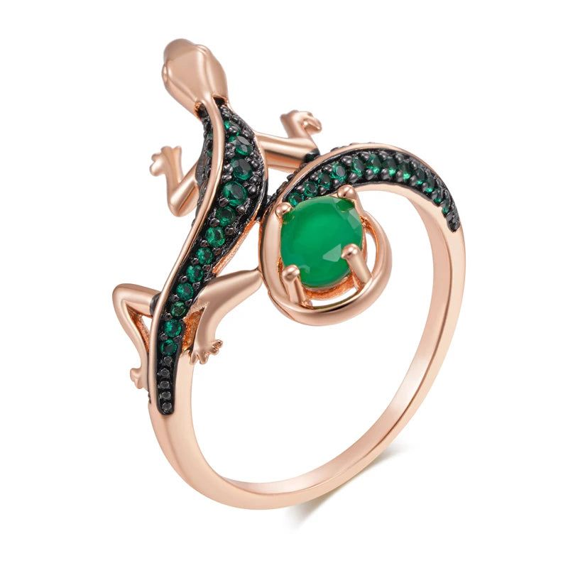 Vibrant Green Zircon Lizard Cocktail Ring in 585 Rose Gold and Black Plating - Vintage Animal Jewelry