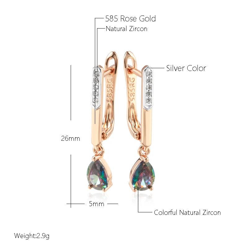 Vibrant Long Drop Earrings with Natural Zircon in 585 Rose Gold and Silver Blend