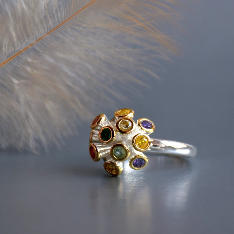 Vibrant Multi-Color Zirconia Flower Cocktail Ring – Elegant Neo-Gothic Design