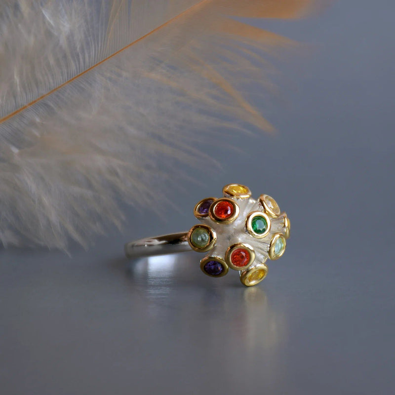 Vibrant Multi-Color Zirconia Flower Cocktail Ring – Elegant Neo-Gothic Design