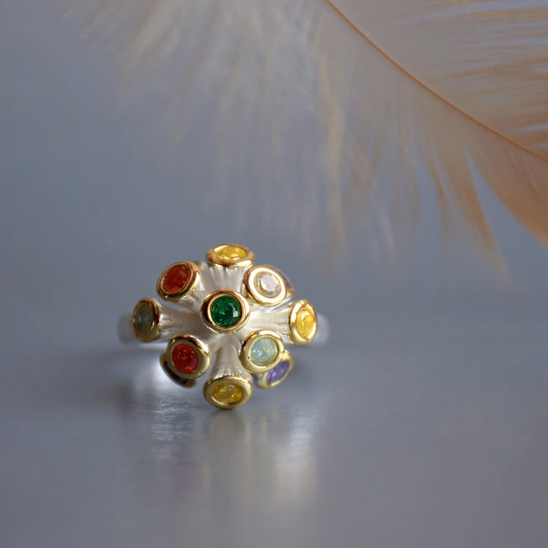 Vibrant Multi-Color Zirconia Flower Cocktail Ring – Elegant Neo-Gothic Design