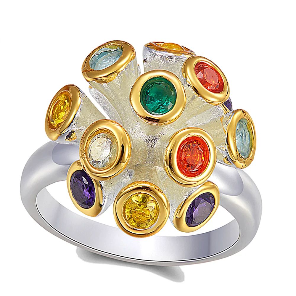 Vibrant Multi-Color Zirconia Flower Cocktail Ring – Elegant Neo-Gothic Design