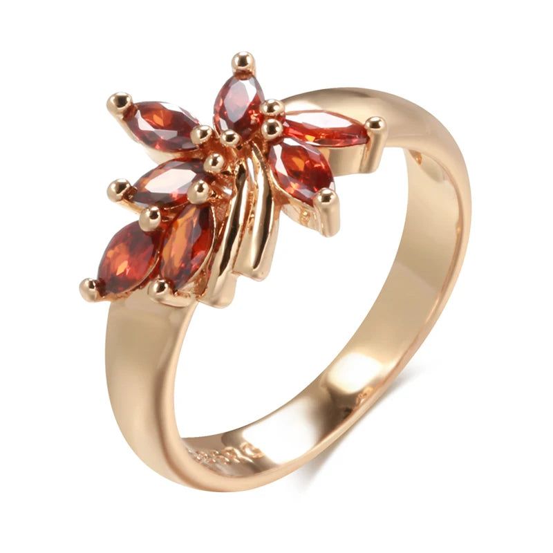 Vibrant Red Natural Zircon Bloom Ring in 585 Rose Gold – High-Quality Vintage Jewelry