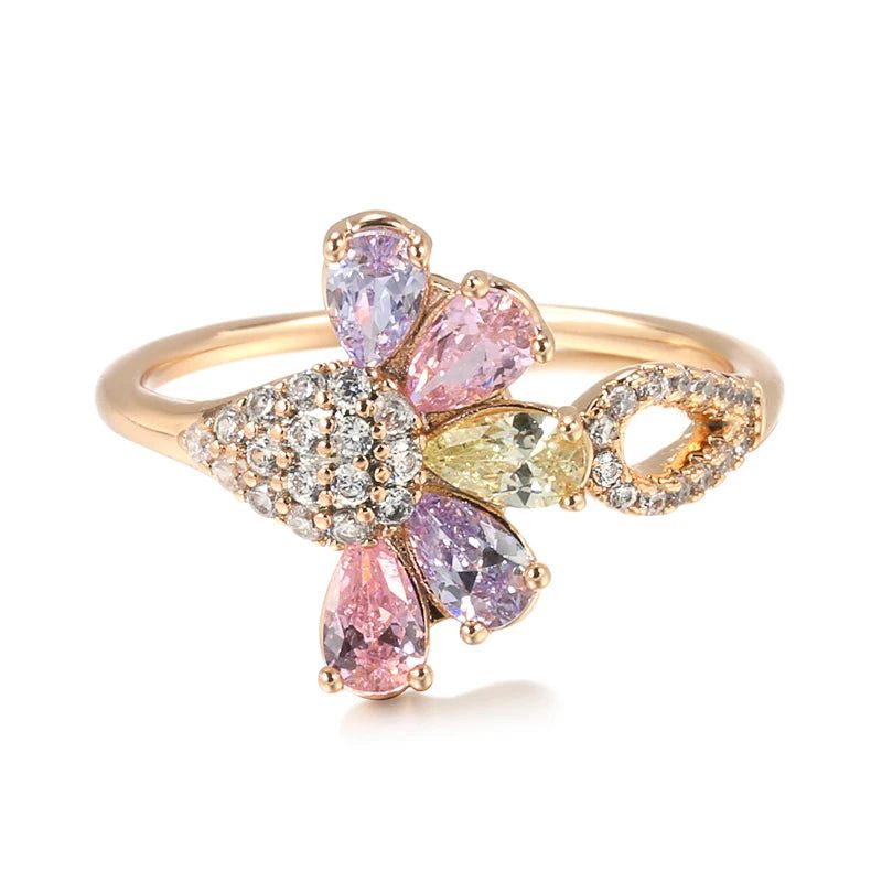 Vibrant Rose Gold Color Zircon Cocktail Ring with Floral Design – Fashionable Crystal Jewelry