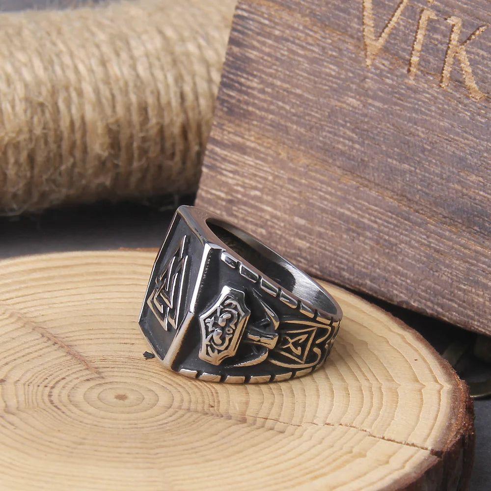 Viking Aegishjalmur Stainless Steel Ring for Men - Helm of Awe Celtic Knot Jewelry Amulet Gift with Icelandic Runes